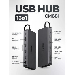 Hub UGREEN CM681 13-in-1 USB-C Hub USB-C to DP+2*HDMI(4K@60Hz)+RJ45+1С3A+3.5mm+ SD/TF+PD(100W) 15978