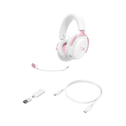 Гарнитура, HyperX, DG0R2AA, Cloud III S Wireless, Микрофон съёмный гибкий, Динамики 53 мм, 64 Ом, 20-20000 гц, Беспроводные, Бело-розовый