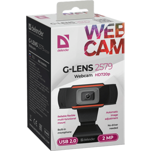 Веб-камера Defender G-lens 2579 HD 720p, 2МП, USB 2.0, 1280x720, 30 к/с, 50 Гц, 60 Гц, встроенный микрофон, кабель 1.2 м, черная