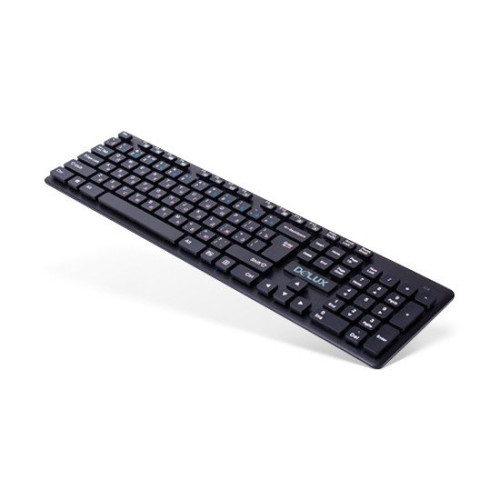 Клавиатура, Delux, DLK-150GB, Ультратонкая, Беспроводная 2.4ГГц, Кол-во стандартных клавиш 104, 12 мультимедиа-клавиш (FN), Размер: 433*124*20,7 мм., Анг/Рус/Каз, Чёрный