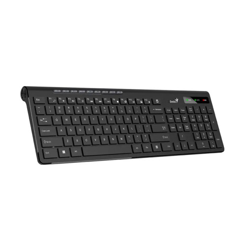 Клавиатура, Genius, Slimstar 7230, Ультратонкая, Беспроводная 2.4ГГц, Кол-во стандартных клавиш 104, Батарейки в комплекте, Размер: 449*161,8*24,9 мм., Анг/Рус, Защита от случайного пролива воды/кофе, Чёрный