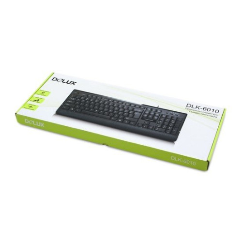 Клавиатура, Delux, DLK-6010UB, USB, Кол-во стандартных клавиш 104, Размер: 449,9*161,84*24,9 мм., Длина кабеля 1,4 метра, Анг/Рус/Каз, Защита от случайного пролива воды/кофе, Чёрный