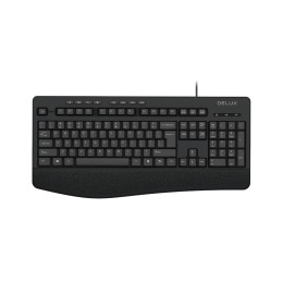 Клавиатура, Delux, DLK-6060UB, USB, Кол-во стандартных клавиш 104, 8 мультимедиа-клавиш, Размер: 446*211*24 мм., Длина кабеля 1,6 метра, Защита от случайного пролива воды/кофе, Чёрный