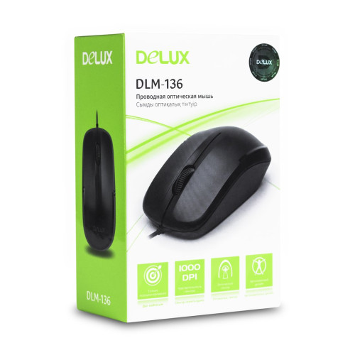 Компьютерная мышь, Delux, DLM-136OUB, Оптическая, USB, 1000dpi, Длина провода 1,6 м, Чёрная