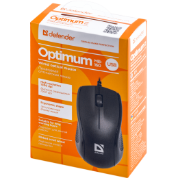 Мышь проводная Defender Optimum MB-160 (Черный), USB 2кн, 1кл-кн. Полноразмерная мышь для ПК, сенсор оптический 1000 dpi, 3 кнопки, колесо с нажатием. Длина провода 1,5 м
