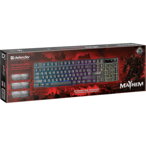 Клавиатура проводная игровая Defender Mayhem GK-360DL, ENG/RUS, USB, RGB подсветка, НОВИНКА! Отличная механическая раскладка без выкрутасов (гибрид ANSI+JIS): - длинный левый Shift и длинный BackSpace, двухэтажный Enter; - стандартные размеры и позиции ос