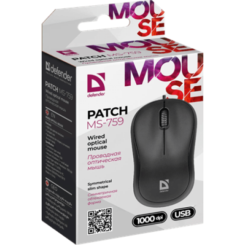 Мышь проводная Defender Patch MS-759 (Черный), USB 2кн, 1кл-кн, коробочка, НОВИНКА!