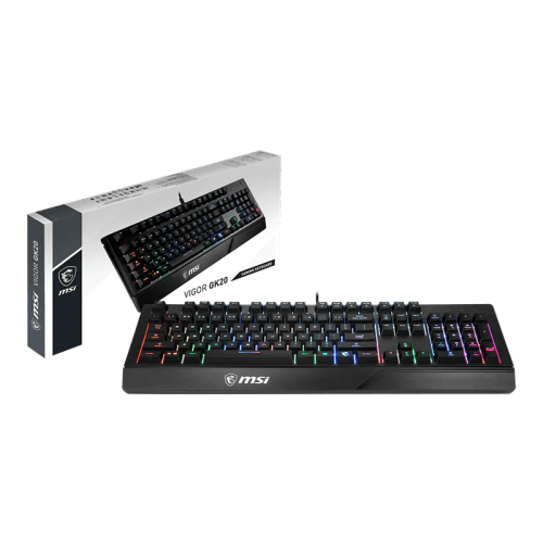 Игровая Клавиатура MSI Vigor GK20 RU, 108 клавиш, RGB SHOW, кабель 1,8м, USB2.0. Эргономичные колпачки для клавиш. Эффект радужной подсветки. "Горячие" клавиши для быстрого управления (Мультимедиа/Яркость). Водостойкая конструкция клавиатуры. Резиновые н