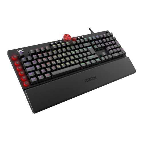 Механическая Игровая Клавиатура AOC AGON AGK700, 108 программируемых клавиш, переключатель CHERRY MX RED (50млн. нажатий), RGB синхронизация, кабель в оплетке 1,8м USB2.0, Магнитная кожаная подставка под запястье, регулятор громкости, USB-порт в клавиат