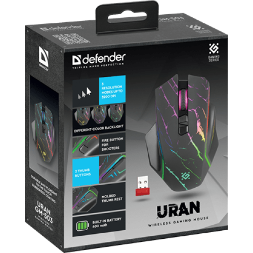 Мышь беспроводная игровая Defender Uran GM-503, RGB, 7 кнопок, 3200 dpi