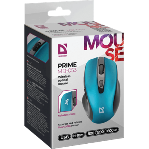 Мышь беспроводная Defender Prime MB-053 бирюзовый, 6 кнопок, 800/1200/1600 dpi