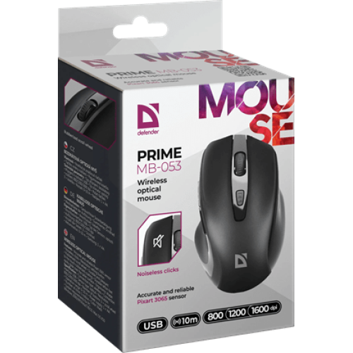 Мышь беспроводная Defender Prime MB-053 черный, 6 кнопок, 800/1200/1600 dpi