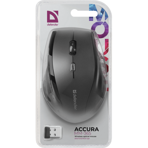 Мышь беспроводная Defender Accura MM-365 черный,6 кнопок,800-1200 dpi, 3 режима разрешения мыши 800/1200/1600 dpi. 2 дополнительные боковые кнопки. Эргономичная форма. Сверхпрочное прорезиненное покрытие.
