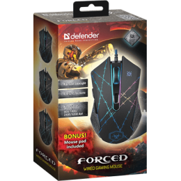 Мышь проводная игровая оптическая Defender Forced GM-020L (черный),USB, 6 кн. + колесо, 800-3200 dpi. Эмуляция клавиш клавиатуры. 4 режима разрешения мыши
Широкое прорезиненное колесо прокрутки шириной 8 мм с подсветкой. Высокопрочный долговечный кабель