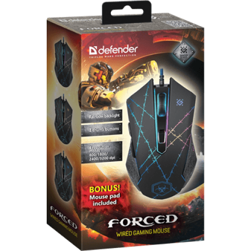 Мышь проводная игровая оптическая Defender Forced GM-020L (черный),USB, 6 кн. + колесо, 800-3200 dpi. Эмуляция клавиш клавиатуры. 4 режима разрешения мыши Широкое прорезиненное колесо прокрутки шириной 8 мм с подсветкой. Высокопрочный долговечный кабель