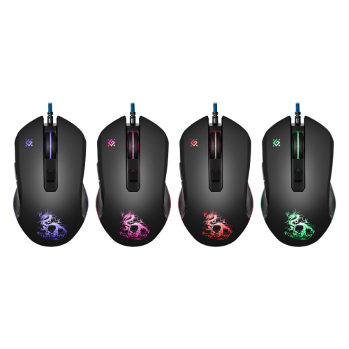 Мышь проводная игровая оптическая Defender Sky Dragon GM-090L (черный),USB, 6 кн. + колесо, 800-3200. Редактор макросов. Эмуляция клавиш клавиатуры. 4 режима разрешения мыши. Широкое прорезиненное колесо прокрутки шириной 8 мм с подсветкой, Высокопрочный