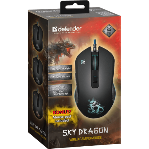 Мышь проводная игровая оптическая Defender Sky Dragon GM-090L (черный),USB, 6 кн. + колесо, 800-3200. Редактор макросов. Эмуляция клавиш клавиатуры. 4 режима разрешения мыши. Широкое прорезиненное колесо прокрутки шириной 8 мм с подсветкой, Высокопрочный
