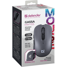 Мышь Defender Gassa MM-105, беспроводная, серый, 5 + колесо-кнопка, 800/1200/1600 dpi