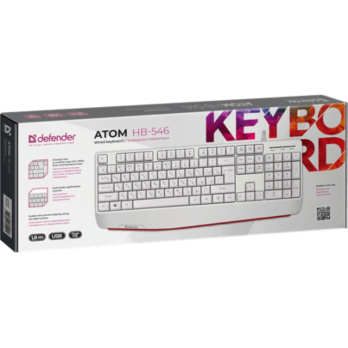 Клавиатура USB Defender Atom HB-546 (Белый), проводная, USB, ENG/RU, подставка под запястье, стандарт