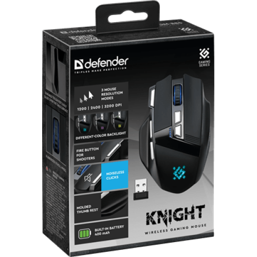Мышь Defender Knight GM-885, беспроводная, черный, 7 + колесо-кнопка, 1200/2400/3200 dpi