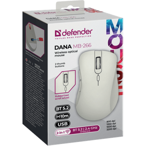 Мышь Defender Dana MB-266, беспроводная, серый, 5 + колесо-кнопка, 800/1200/1600/3200 dpi