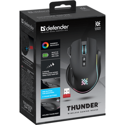 Мышь Defender Thunder GM-213, беспроводная, черный, 7 + колесо-кнопка, 1000/1200/1600 dpi