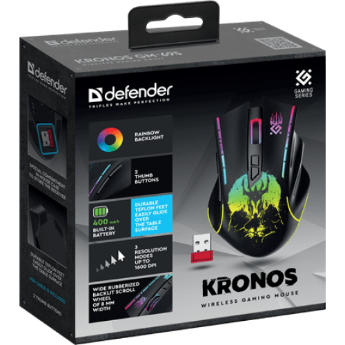 Мышь Defender Kronos GM-695, беспроводная, черный, 6 + колесо-кнопка, 1000/1200/1600 dpi