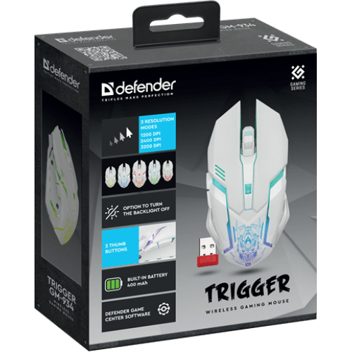 Мышь Defender Trigger GM-934, беспроводная, белый, 5 + колесо-кнопка, 1200/2400/3200 dpi
